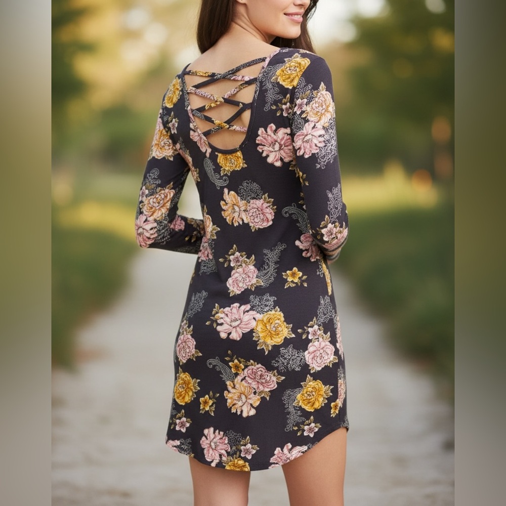 Zen Bohemian Skylar Gray Floral CrossBack Dress•L-1X